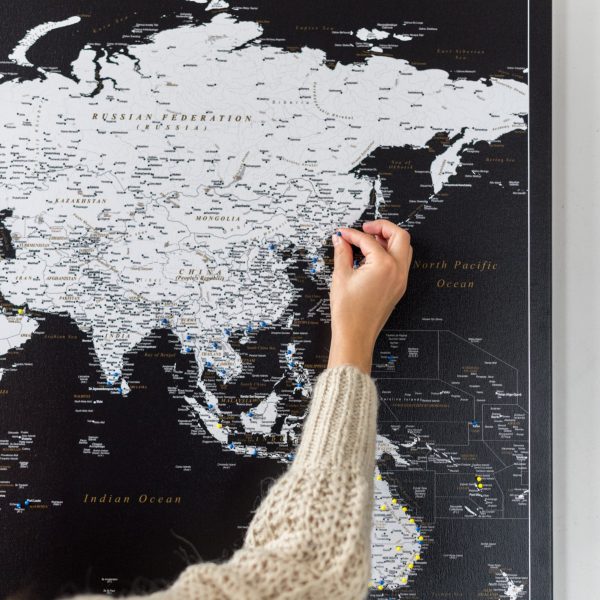 detailed world map pinboard modern black 17p