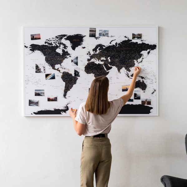 push pin world map corkboard black and white 22p