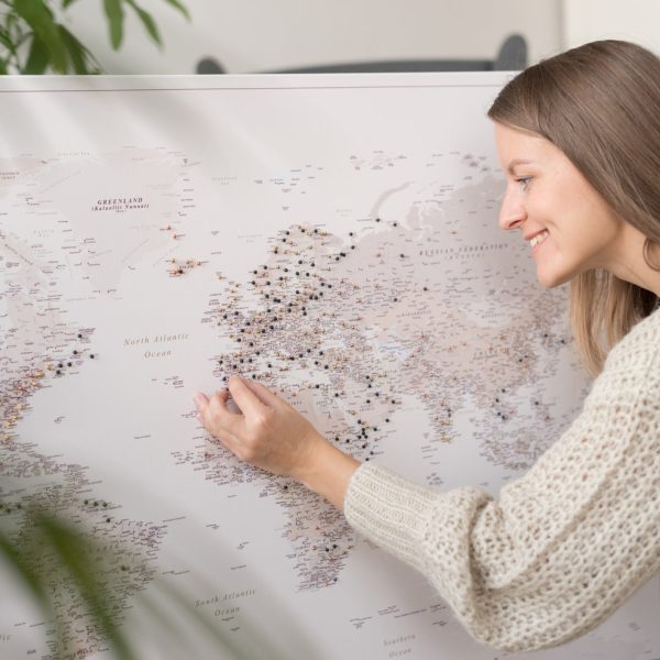 world map pin board corkboard desert sand 24p